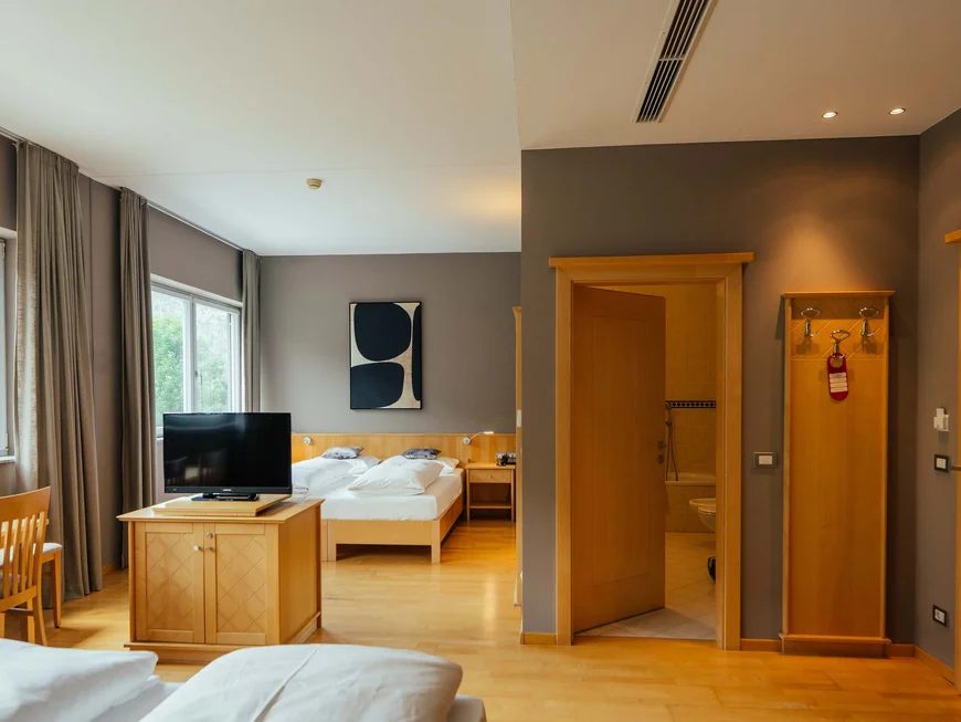Il Lodenwirt a Vandoies | Hotel, residence e ristorante Camera d'hotel luminosa con letto matrimoniale, TV, tavolo da pranzo e bagno aperto