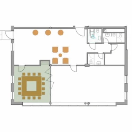 Seminarhotel in Südtirol | Tagen im Lodenwirt Grundriss einer Wohnung mit Essbereich, Wohnbereich, Küche und mehreren Bädern
