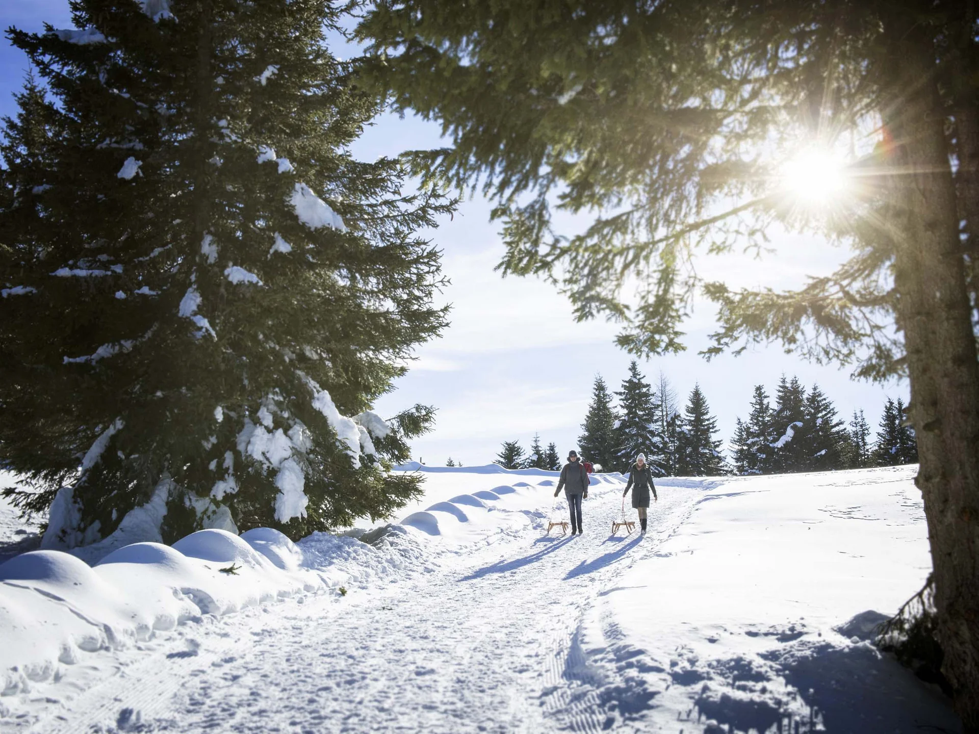 Il Lodenwirt a Vandoies | Hotel, residence e ristorante Due persone camminano su un sentiero innevato tra gli abeti, illuminate dal sole invernale