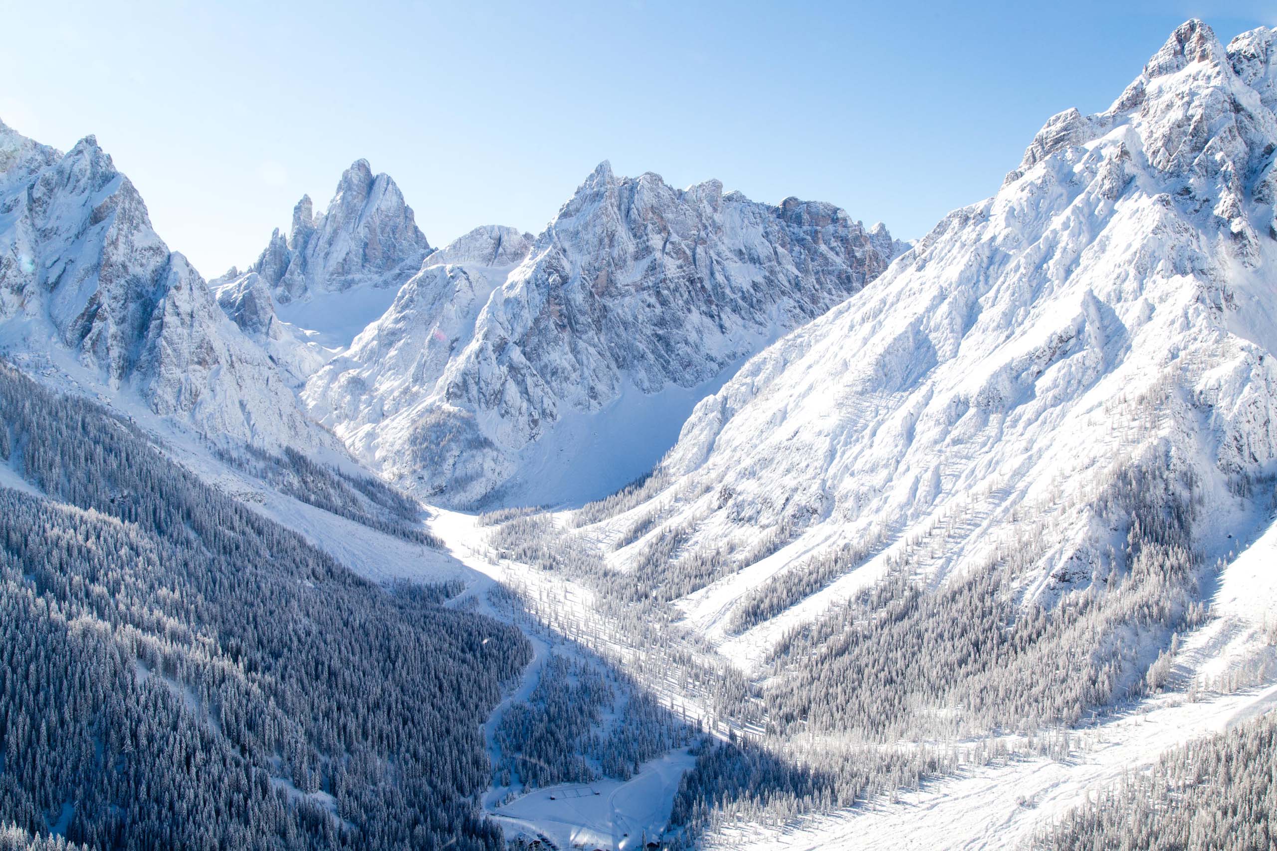 Cime innevate e valle boscosa sotto un cielo azzurro